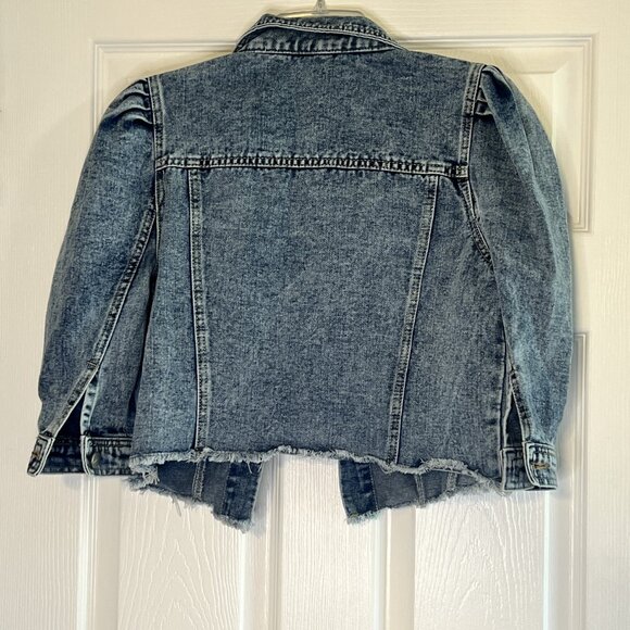 Cropped Jean Jacket - Size Medium - Puff Sleeves - ¾ Sleeves - Neatly Frayed Hem - Picture 7 of 7